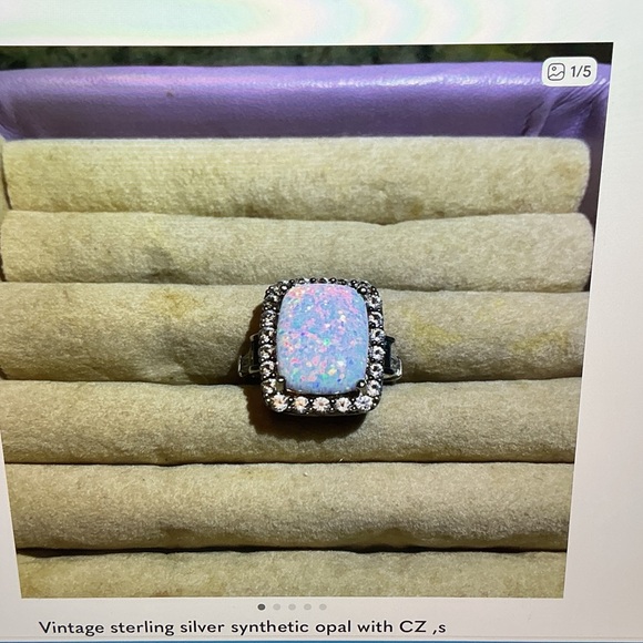Jewelry - Sterling Silver Synthetic Opal Ring with CZ Halo